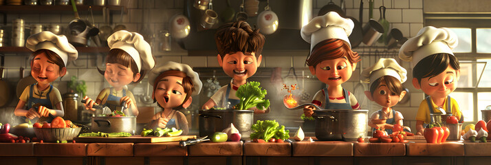 A Group of Miniature Cartoon Kids Chefs Happily Working in the Kitchen, Cooking Up Fun! - obrazy, fototapety, plakaty