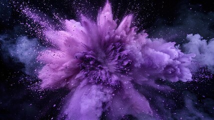 Violette Farbexplosion vor dunklem Hintergrund, rauchender Knall, Explosion aus lila Pulver	 - obrazy, fototapety, plakaty