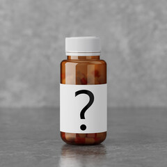 Pill or Vitamins Bottle with a Question Mark on the Label. 3d Rendering