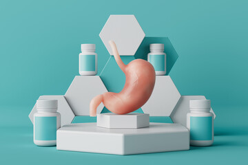 Human Stomach Anatomy Internal Organ and Medical Jars with Pills or Vitamins on a Podium. 3d Rendering