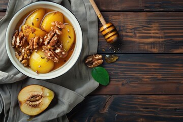 Fresh apples and nuts in a bowl, perfect for healthy eating concepts - obrazy, fototapety, plakaty