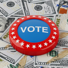 Presidental Election 2024, Round Patriotic Vote Button Badge with Stars on a Dollars Money Bills. 3d Rendering