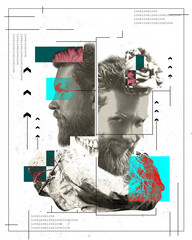 Bearded man with abstract shapes, body elements, and love text. Monochrome and color mix. Conceptual art. Mental health. complexity of human emotions. Concept of psychology, science, creative poster