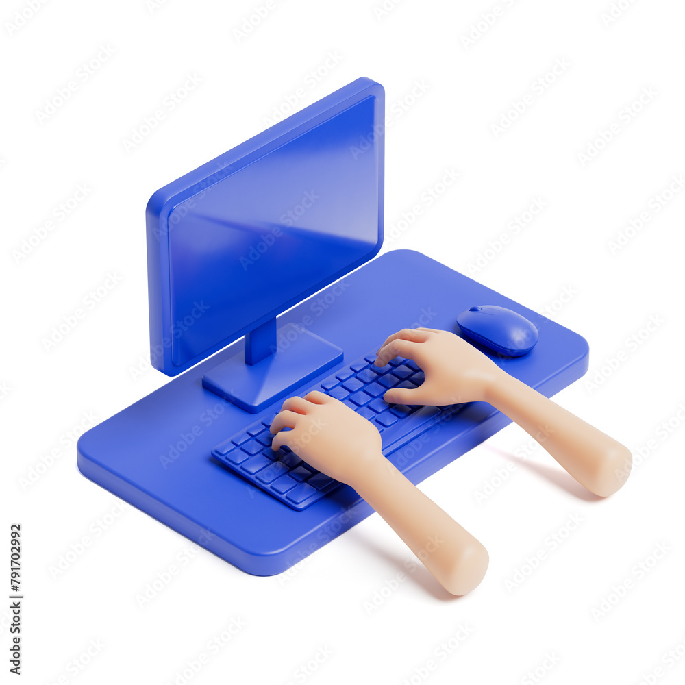 Poster infographic isometric cartoon scene with desktop and hands on a computer keyboard. 3d rendering