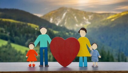 Picture of a family of four in the form of colorful simple wooden figures with a red simple heart figurine on a background of nature