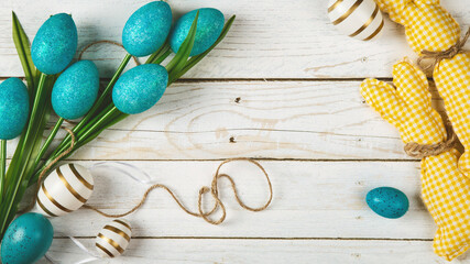 Happy Easter concept. Preparation for holiday. Easter eggs isolated on wooden background. Simple...