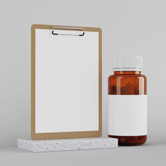Blank Clipboard near Brown Glass Bottle with Vitamin Pills and Blank Sticker Tag for Your Design. 3d Rendering