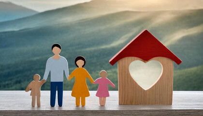 Picture of a family of four in the form of colorful simple wooden figures with a simple wooden house figurine with a heart on a nature background