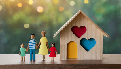 Image of a family of four in the form of multi-colored simple wooden figures with a simple figurine of a house against a nature background
