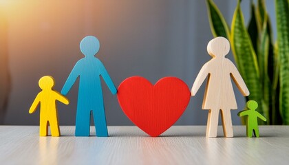 An image of a family of four in the form of simple wooden figurines with a love symbol in the form of a red heart and a green plant on a neutral background