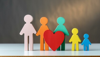 An image of a family of five in the form of simple wooden figurines on a neutral background with a symbol of love in the form of a red heart