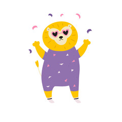 Vector illustration of a lion dancing in disco glasses and cool costume.