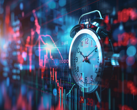A clock sits in front of a circuit board with red and green lines representing data.