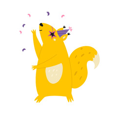 Vector illustration of a squirrel dancing in disco glasses and birthday hat.