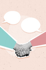 Vertical photo collage of people hand shake greeting gesture agreement success deal text box communication isolated on painted background - obrazy, fototapety, plakaty