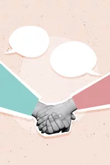 Schilderijen op glas Vertical photo collage of people hand shake greeting gesture agreement success deal text box communication isolated on painted background © deagreez