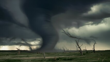 a tornado. the swirling winds and ominous clouds of these atmospheric phenomena as they sweep across the landscape, leaving a trail of devastation in their wake