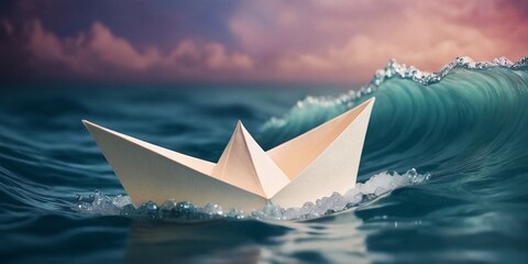 Paper white boat in the sea.