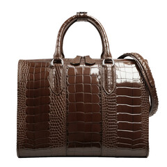 Elegant brown crocodile leather handbag with glossy finish and classic design  isolated on transparent background