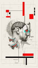 Profile of man with brain visible, geometric shapes, and colorful butterflies on textured background. Brain anatomy with artistic touch. Conceptual art. Psychology, surrealism, health, science concept