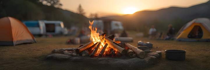 3:1 banner. Sunset Campsite Experience with Campfire and Tents. Perfect for: Summer Camping...