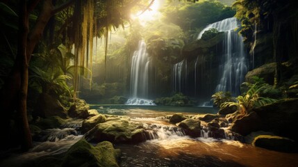 A beautiful waterfall in the middle of a lush green jungle with bright sunshine streaming through the trees.