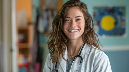 A pediatrician's warm smile surrounded by soft colors.