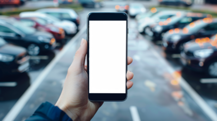main tenant un smartphone avec écran personnalisable, arrière plan parking de voitures