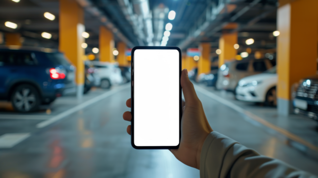main tenant un smartphone avec écran personnalisable, arrière plan parking de voitures