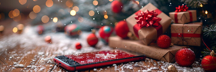 A Display of a Cell Phone with Gifts on It,
Christmas background with New Year's toys and gifts