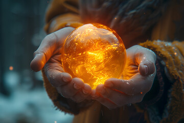 A Person Holding a Glowing Sphere in Their Hand,
Mystic seers hands over a crystal ball
 - obrazy, fototapety, plakaty