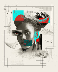 Surreal female portrait collage with phrases, a bird nest, and contrasting textures on a spotted...