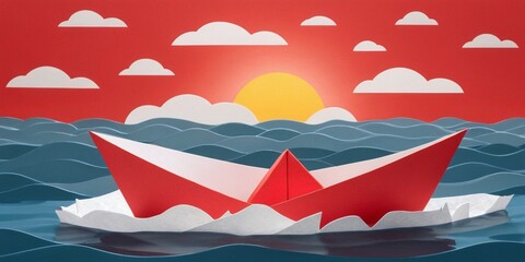 Red paper boat in the sea. Origami concept.