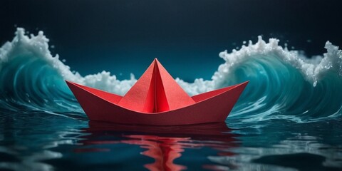Red paper boat in the ocean. Blue background.