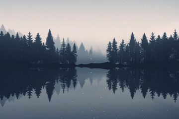 Misty forest scene with calm lake reflecting silhouetted pine trees in twilight