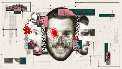 Collage with multiple male profiles, skull, flowers, and abstract elements on abstract background....