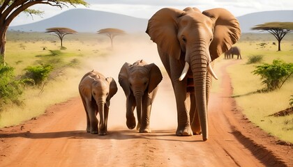 Adult African bush elephant (Loxodonta africana) walking on dirt road with elephant calf on a sunny day; Tanzania - Powered by Adobe