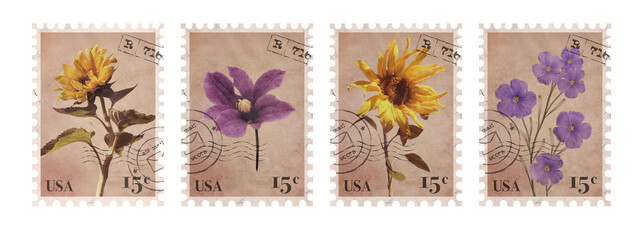 Set of Floral vintage Postage Stamp. Retro Printable post stamp with Sunflowers. Aesthetic cutout...