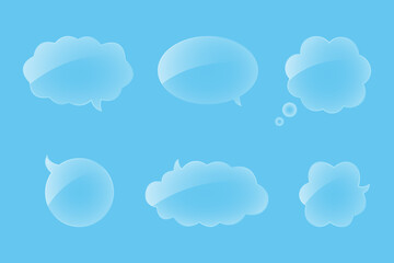 Glass speech bubbles isolated on a blue background. Realistic set of clear acrylic clouds of thoughts for chat dialogue, social communication, messages or quotes