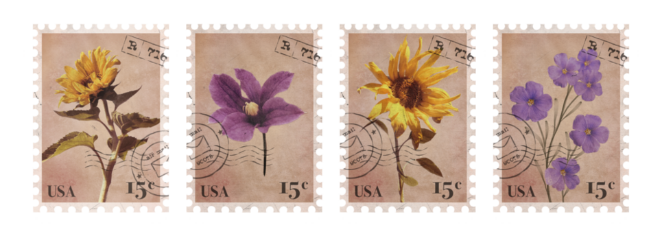 Set of Floral vintage Postage Stamp. Retro Printable post stamp with Sunflowers. Aesthetic cutout Scrapbooking elements for wedding invitations, notebooks, journals, greeting cards, wrapping paper