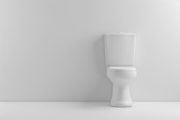 An isolated toilet on a blank, white wall and floor in a bright white bathroom. Copy space on the left.