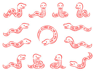 赤い筆書き調の蛇の線画イラストセット