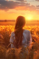 Sunset portrait, woman amidst fields, vibrant colors, fading light