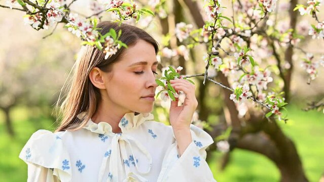 Close up video of young beautiful woman smelling almond blossoming flowers in orchard.