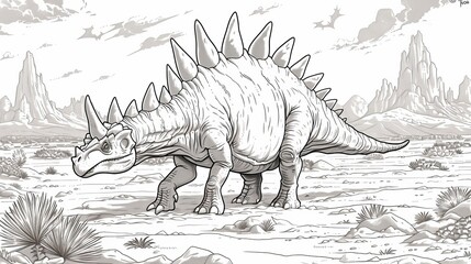 Dinosaurs: A coloring book illustration of a Stegosaurus with its distinctive plates along its back - obrazy, fototapety, plakaty