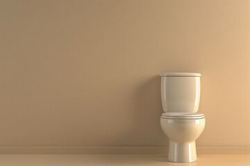 An isolated toilet on a blank, tan wall in a bathroom with warm tones. Copy space on the left.
