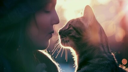 kiss girl with cat. Selective focus.