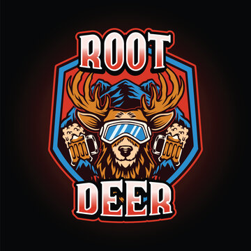 Deer wearing ski goggle and beer in front of mountain logo vintage style illustration for bar retail and pub
