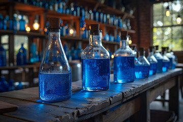 Distillation is Used to Separate Blue Liquids,
Pipette dispenses blue chemical into empty glass test tubes for science research - obrazy, fototapety, plakaty
