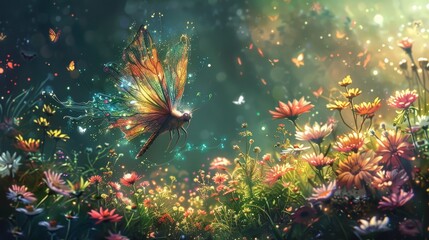 Fantasy: A coloring book page depicting a whimsical fairy flying among colorful flowers in a magical garden
